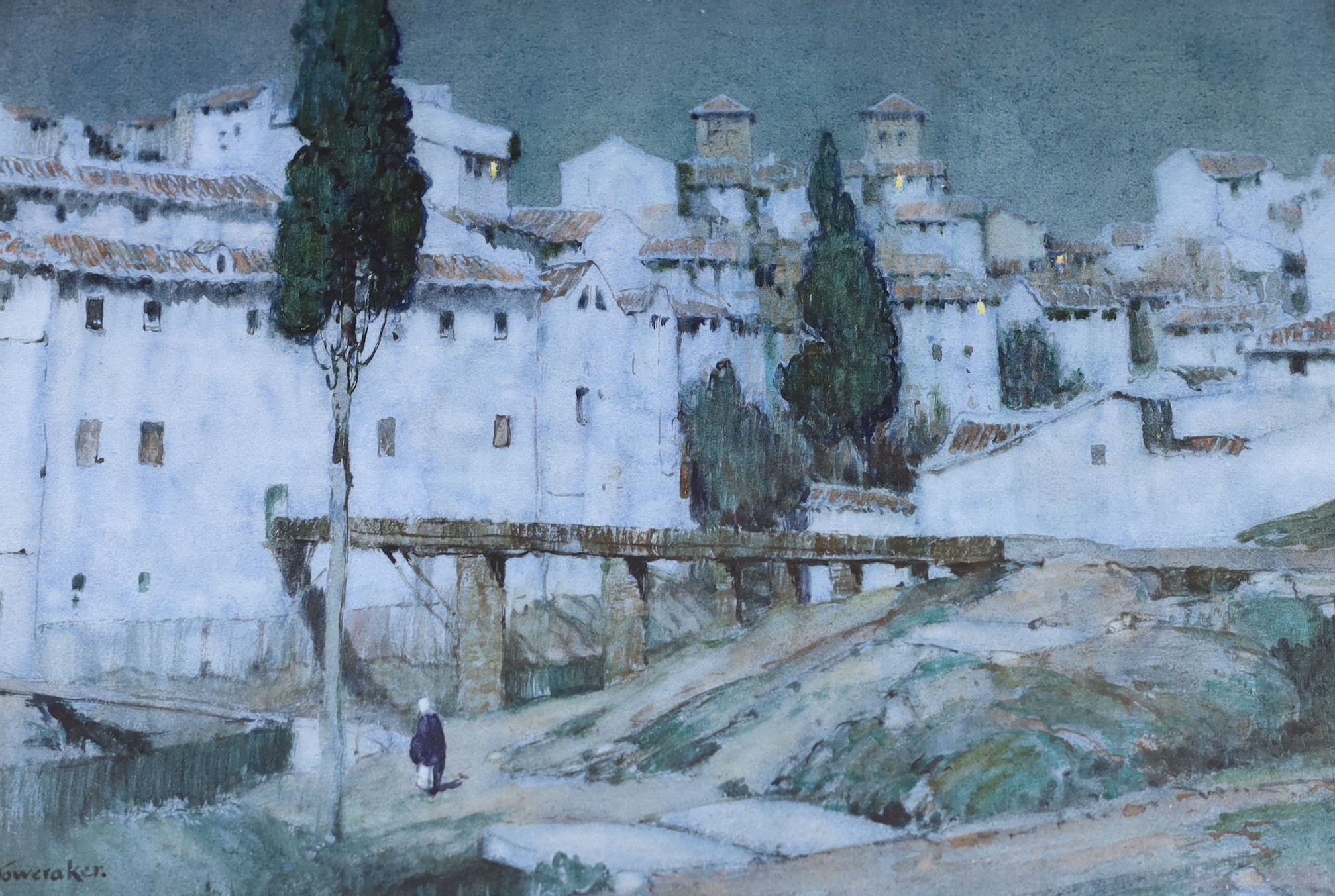 Albert Moulton Foweraker (1873-1942), watercolour, Spanish town viewed at night, signed, 25 x 35cm